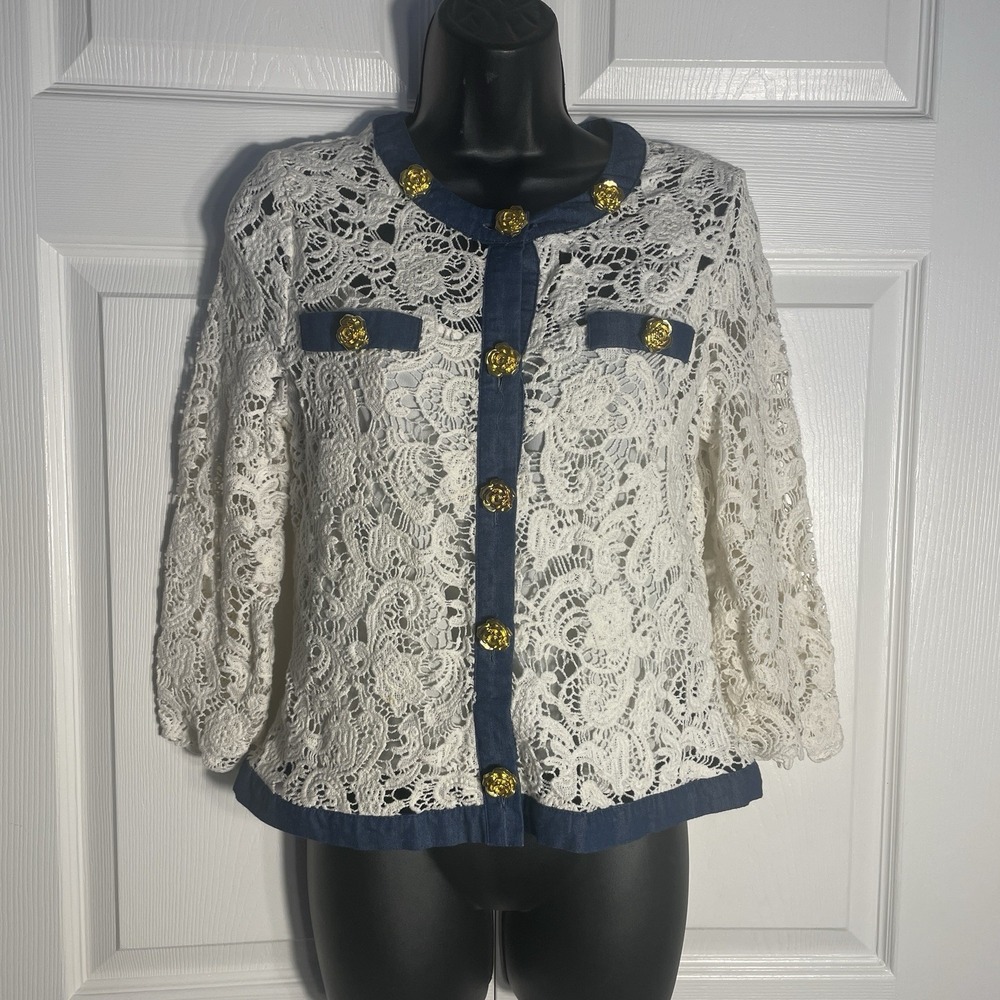 Vintage Michael Simon Lace Shirt Women M Beige Blue Trim Rose Button‎ Y2K Blouse